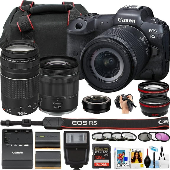 Canon EOS R5 Mirrorless Camera w/RF 24-105mm f/4-7.1 is STM and EF 75-300mm f/4-5.6 III Lens   Camera Case   More (24 Piece Bundle) (International Version)