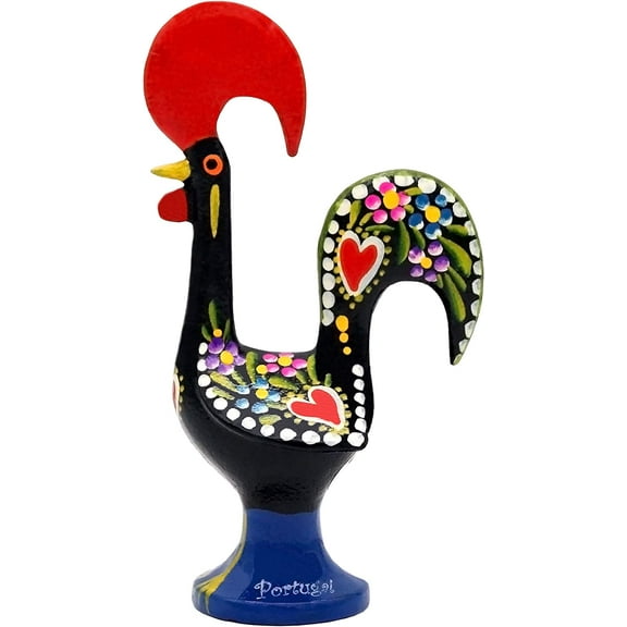 6 Inch Good Luck Portuguese Rooster Barcelos Metallic Figurine for Kitchen Decor (Black)