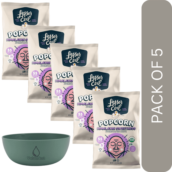 5 Pack Of LesserEvil Organic Himalayan Sweetness Popcorn – 6.4 oz Sweet & Salty Gourmet Snack, With Olive Green Bowl By ValueNest