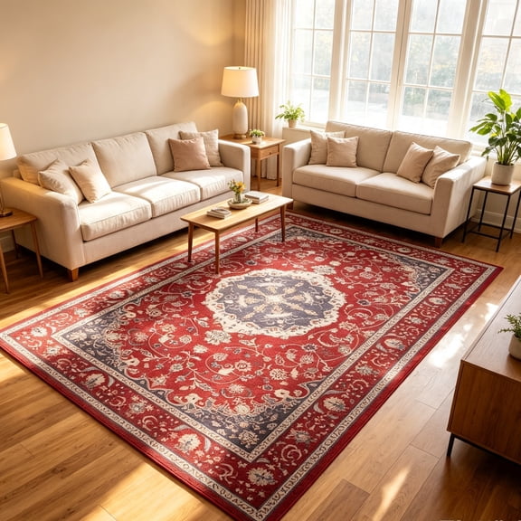 Area Rugs Vintage Floral Printed Washable Non-Slip Carpets Foldable Thin Low Pile Rug for Living Room Bedroom 8'x10' Red