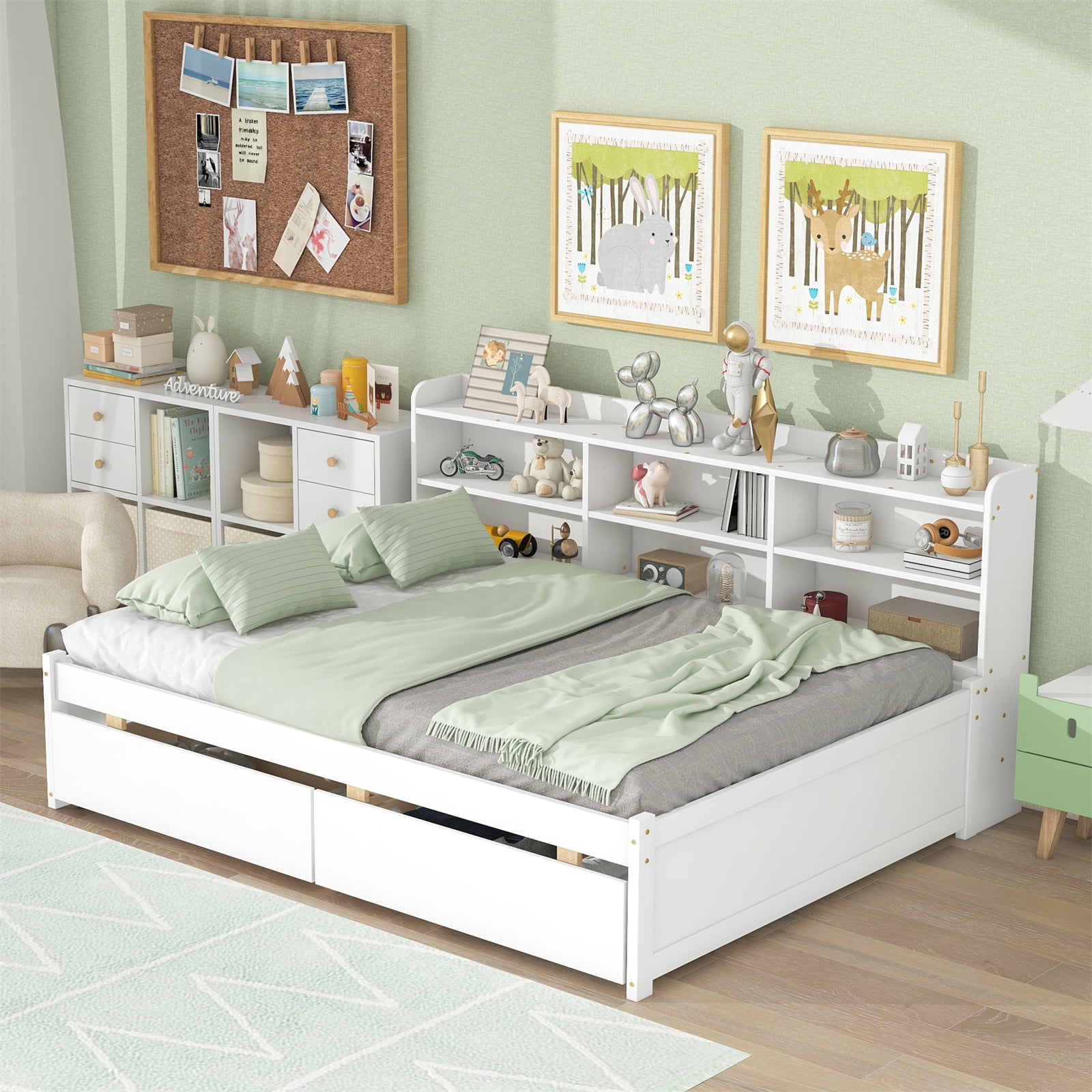 Full Bed with Storage Bookcase and Drawers, Multifunctional Wood Platform Bed for Bedroom, White