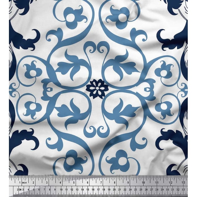 Soimoi Poly Georgette Fabric Swirl & Ogee Damask Print Sewing Fabric Yard 52 Inch Wide