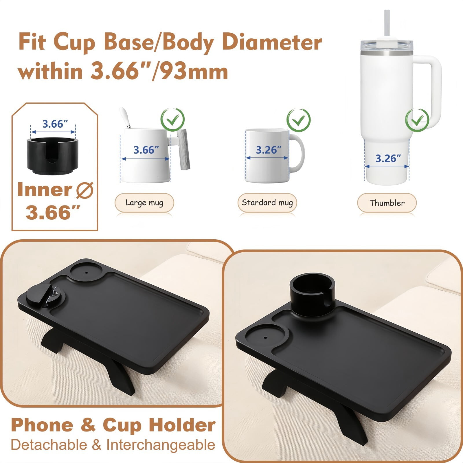 Kelno Couch Armrest Tray 3 in 1 Sofa Arm Tray Table with Swivel Cup Holder Phone Stand, Black