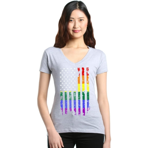 Shop4Ever Women's Distressed Rainbow Flag Gay Pride Slim Fit V-Neck T-Shirt Large Sports Grey