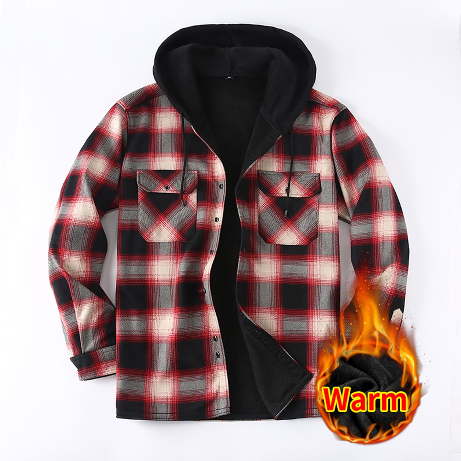 DDAPJ pyju Men's Flannel Shirt Jacket with Hood Fleece Lined Plaid Jacket Big and Tall Zip Up Winter Warm Coat Red XL