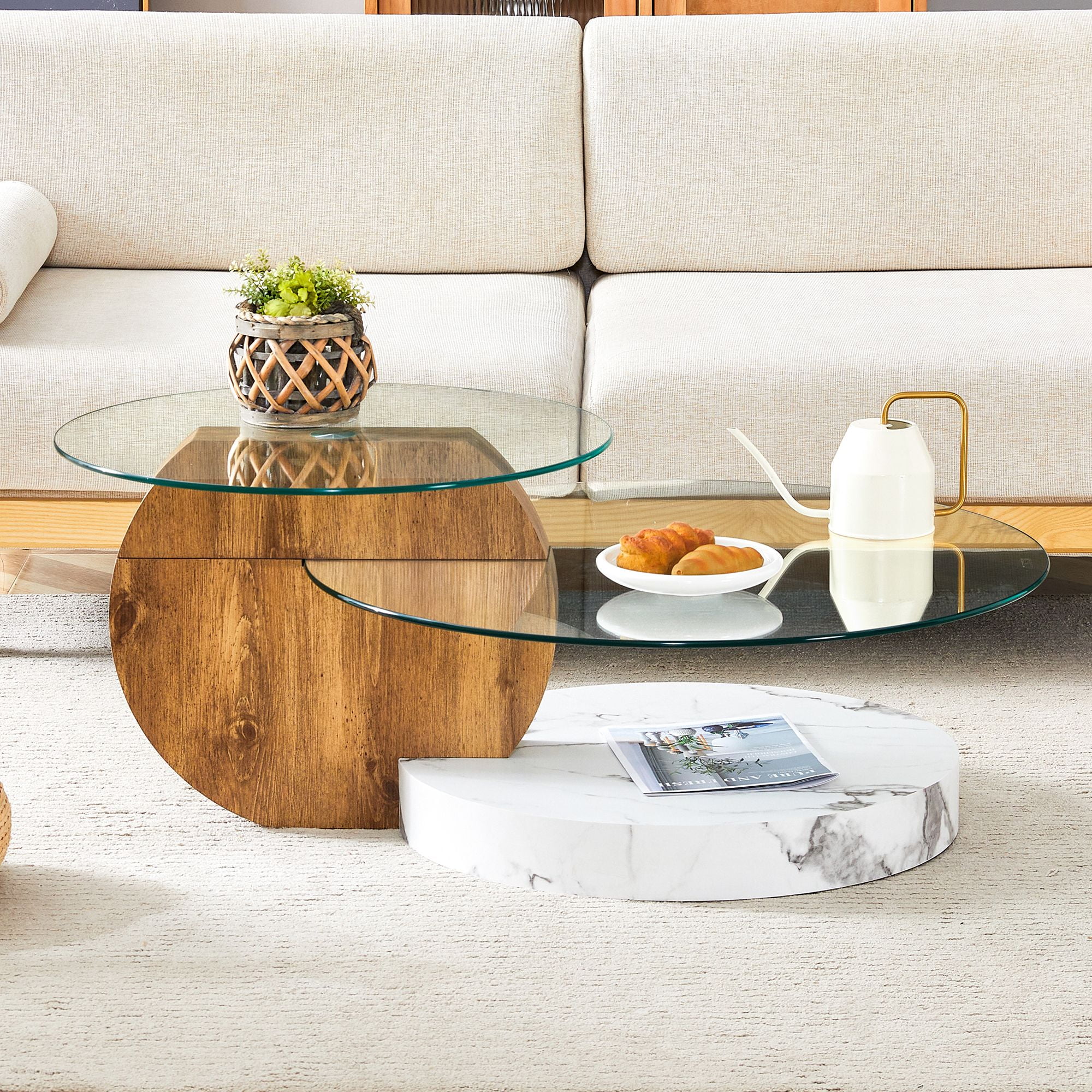 42 inch Two-Tone Wood/White Marble-Look