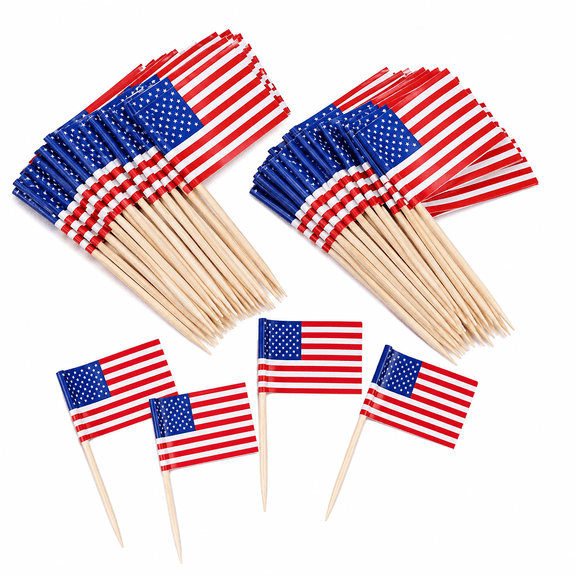 SIYTUAU Us Flag Picks 100 Pack 2.5 Inch Wooden Cocktail Toothpicks For Sandwiches Appetizers Cupcake Toppers