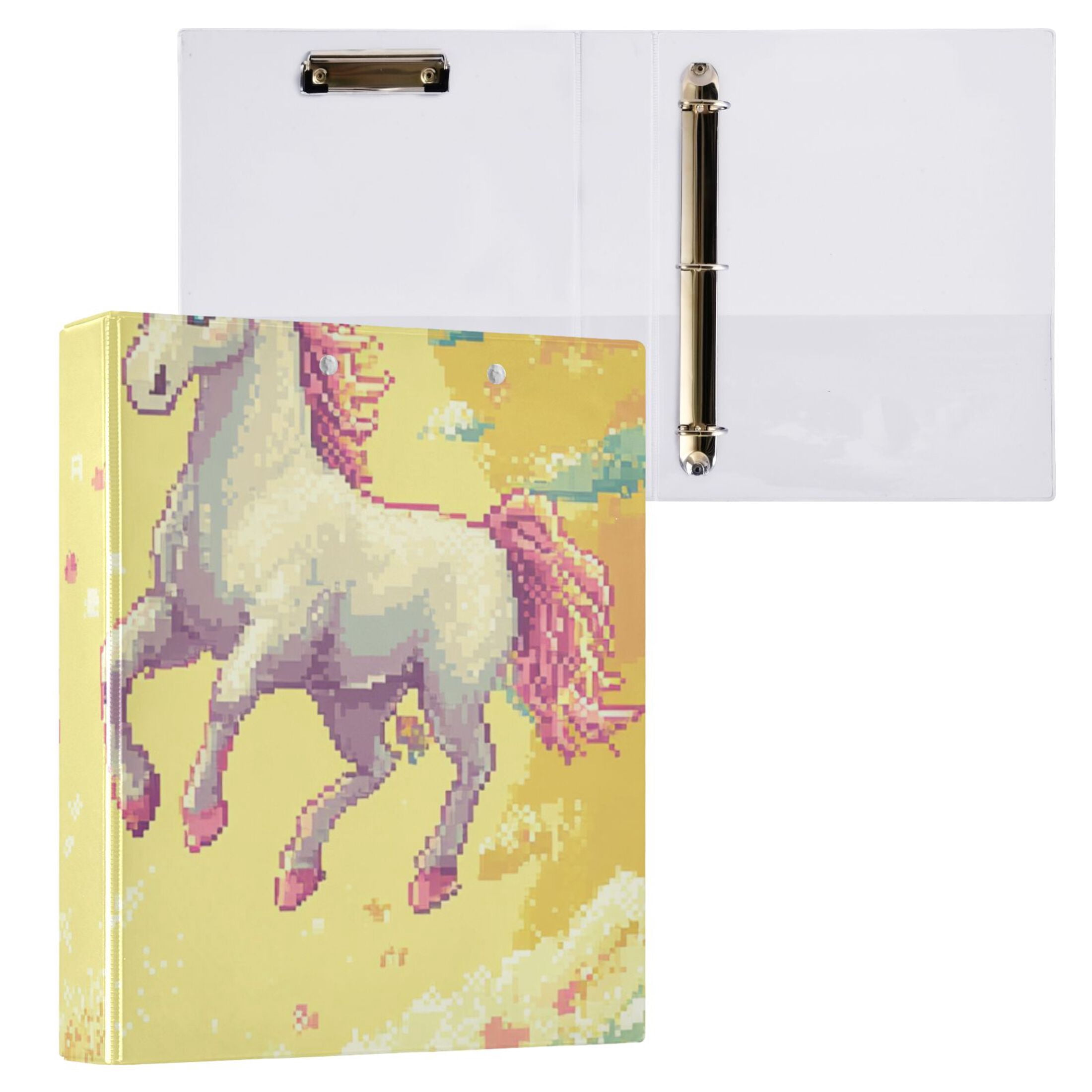 Pixel Unicorns in Clouds 3 Ring Binders 1.5 inch Hardcover File Folders with Interior Pockets A4 Size Organizer for School Office Hospital