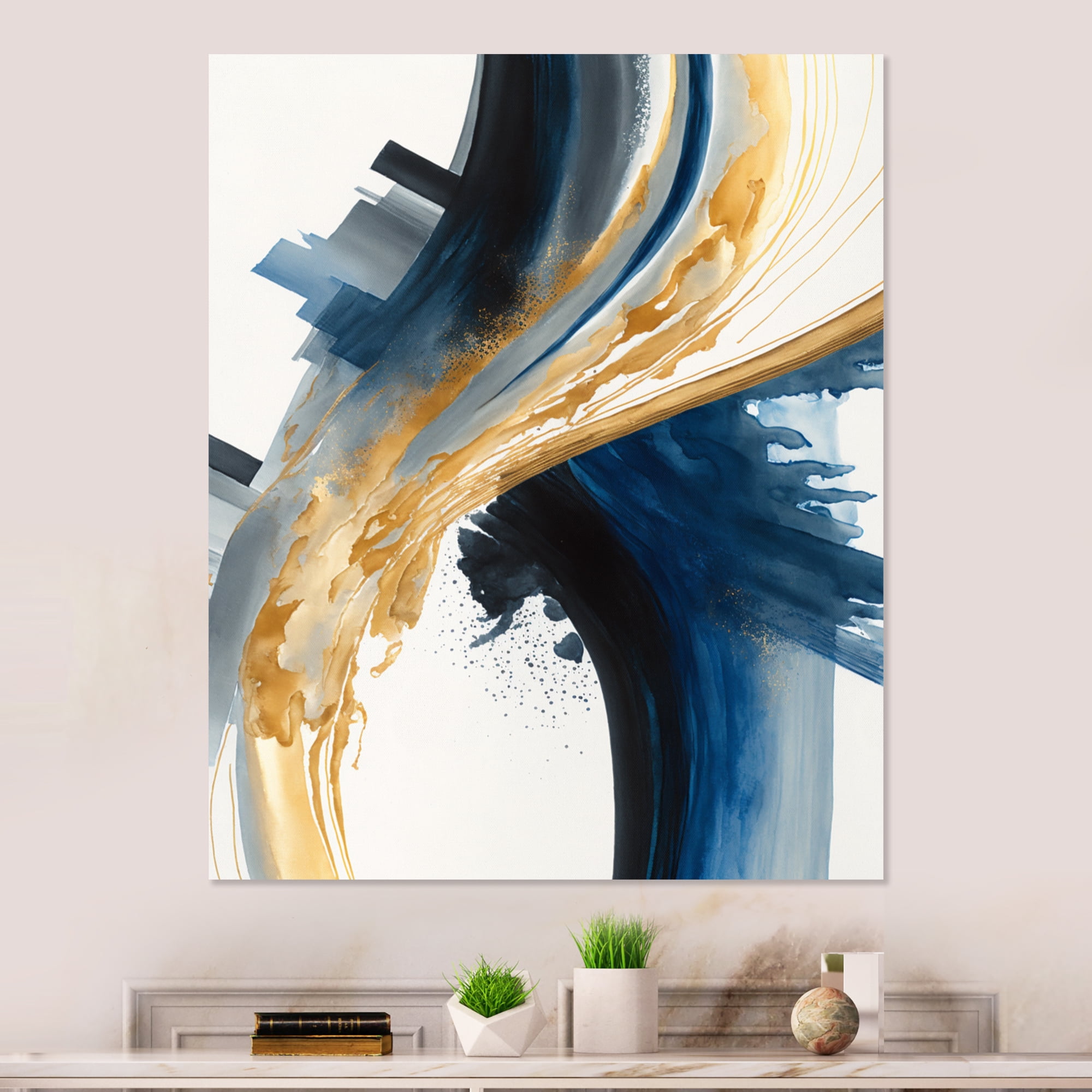 Designart Blue And Gold Swirl Abstract I Canvas Wall Art