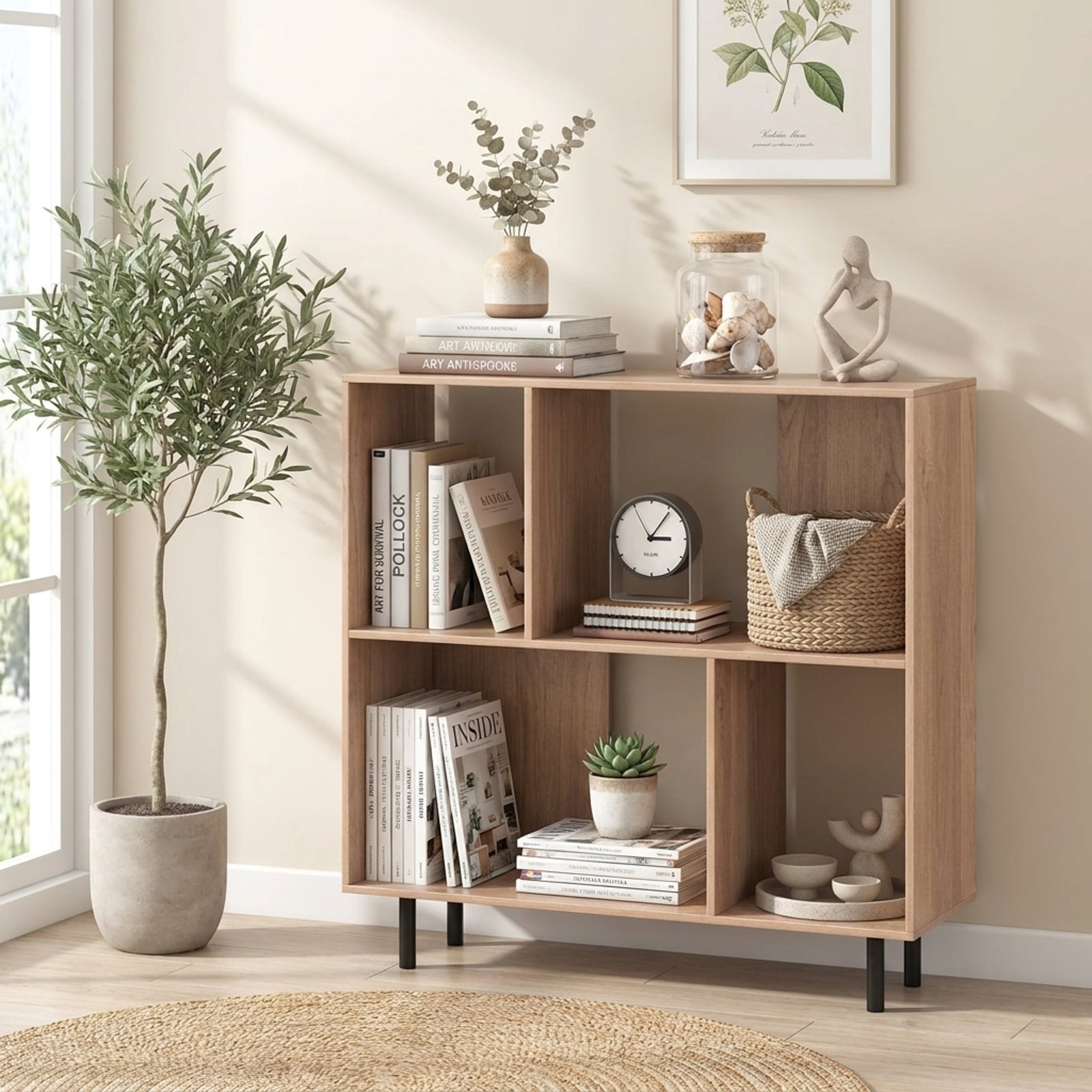 Furnibear Open Shelf Bookcase with 4 Compartments for Living Room Home Office Bedroom Display Storage Shelf, Natural