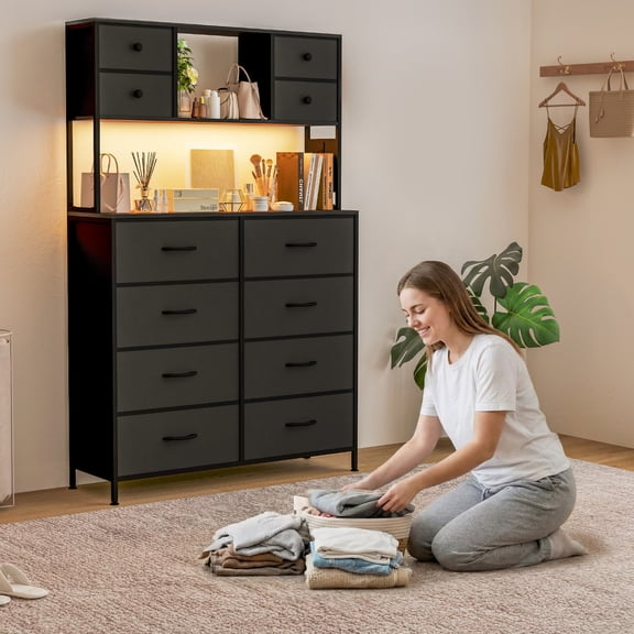 12 Drawer Fabric Dresser with LED Lights & Charging Station – Tall Bedroom Chest with Open Shelves, Steel Frame & Wooden Top – Sturdy Storage for Bedroom, Living Room, Nursery – Black