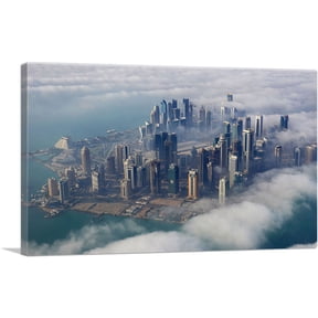 ARTCANVAS Doha Capital of Qatar City in Clouds Canvas Art Print - Size: 12" x 8" (0.75" Deep)