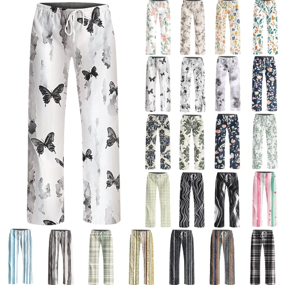 Women Pajama Pants High Waisted Women Printed Elastic Waistband Drawstring Pocket Fashionable Pajama Full Length Pants Gray M
