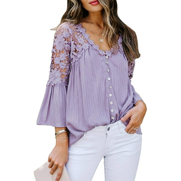Qarigey Camisa de mujer Blusa de encaje con cuello en V Camisa de color sólido V Botón de manga larga Top Prendas para la parte del cuerpo Violeta S
