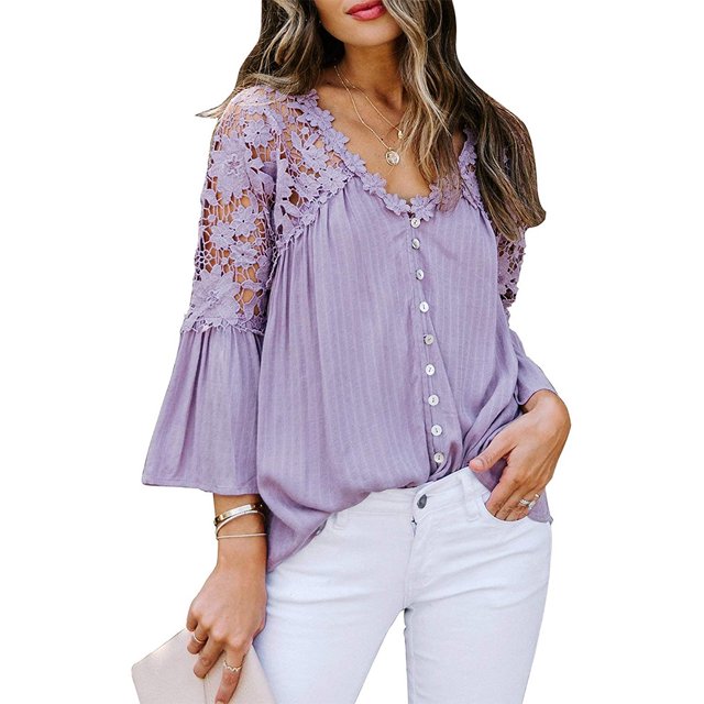 Sonducket Camisa de mujer con cuello en V Camisa de encaje Blusa en V Color sólido Botón de manga larga Top Prendas para la parte del cuerpo Violeta M