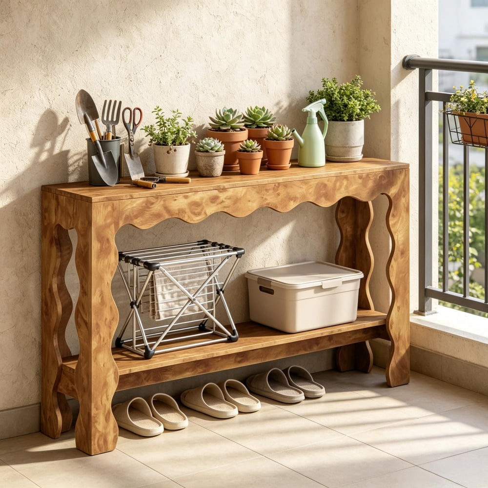 63 Inch 2-Tier Console Table with Scallop Design, Engineered Wood Accent Table with Curved Legs, Storage Sofa Table for Home Decor