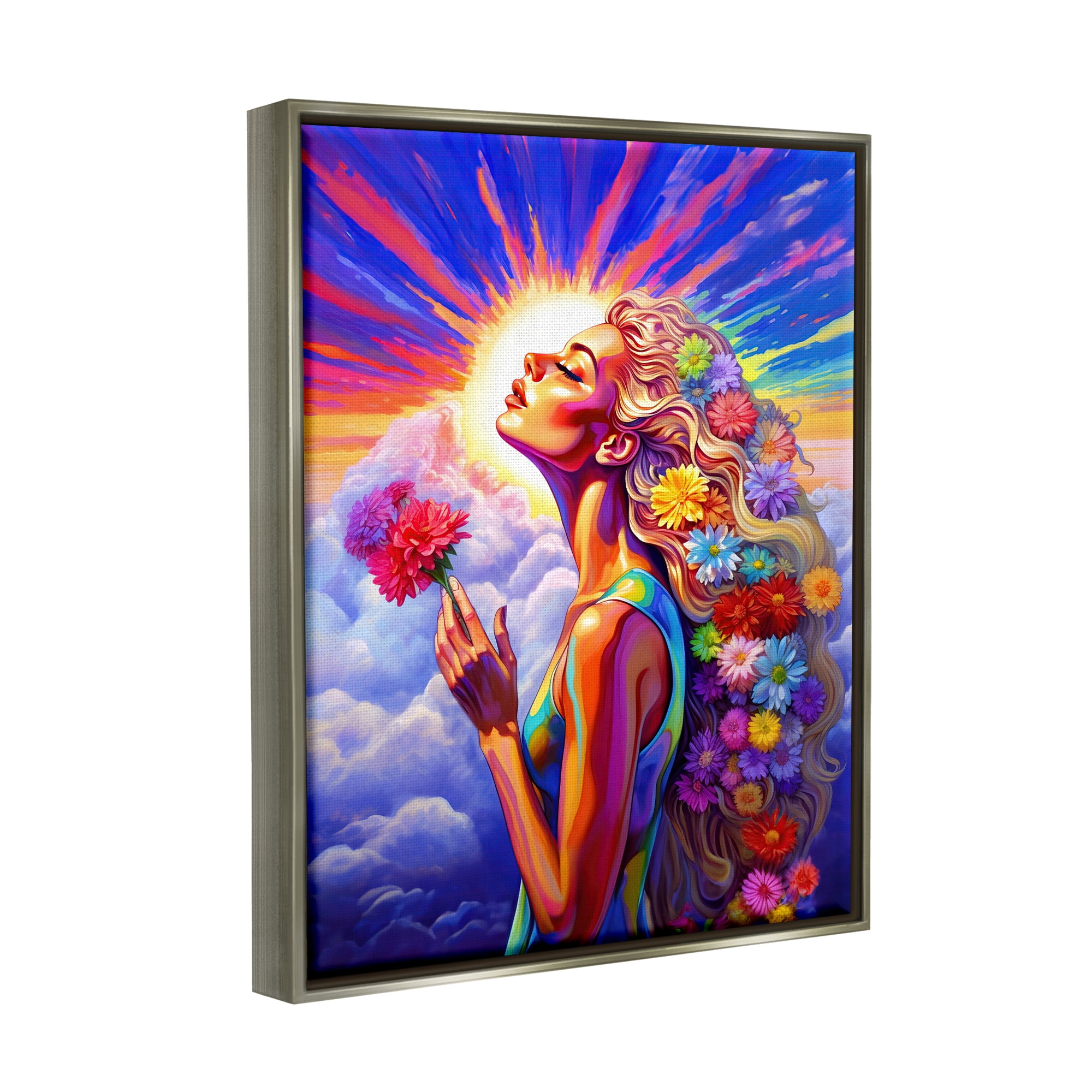 Stupell Industries Woman & Sun Rays Botanical & Floral Painting Gray Floater Framed Canvas Art Print Wall Art, 17 x 21