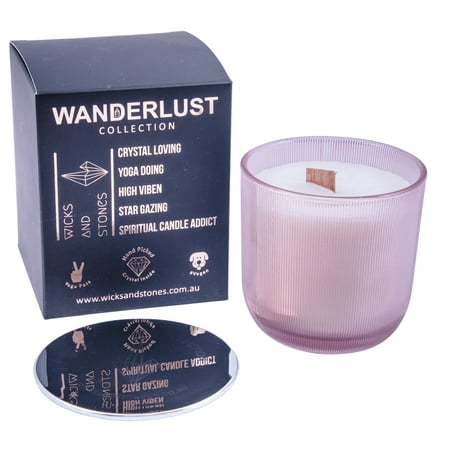 Wicks & Stones Lilies, Coconut Husk + Rosewood Natural Soy Candles Rose Quartz Stone premium 60 hour burn time in glass jar scented Wanderlust Collection (Byron Bay