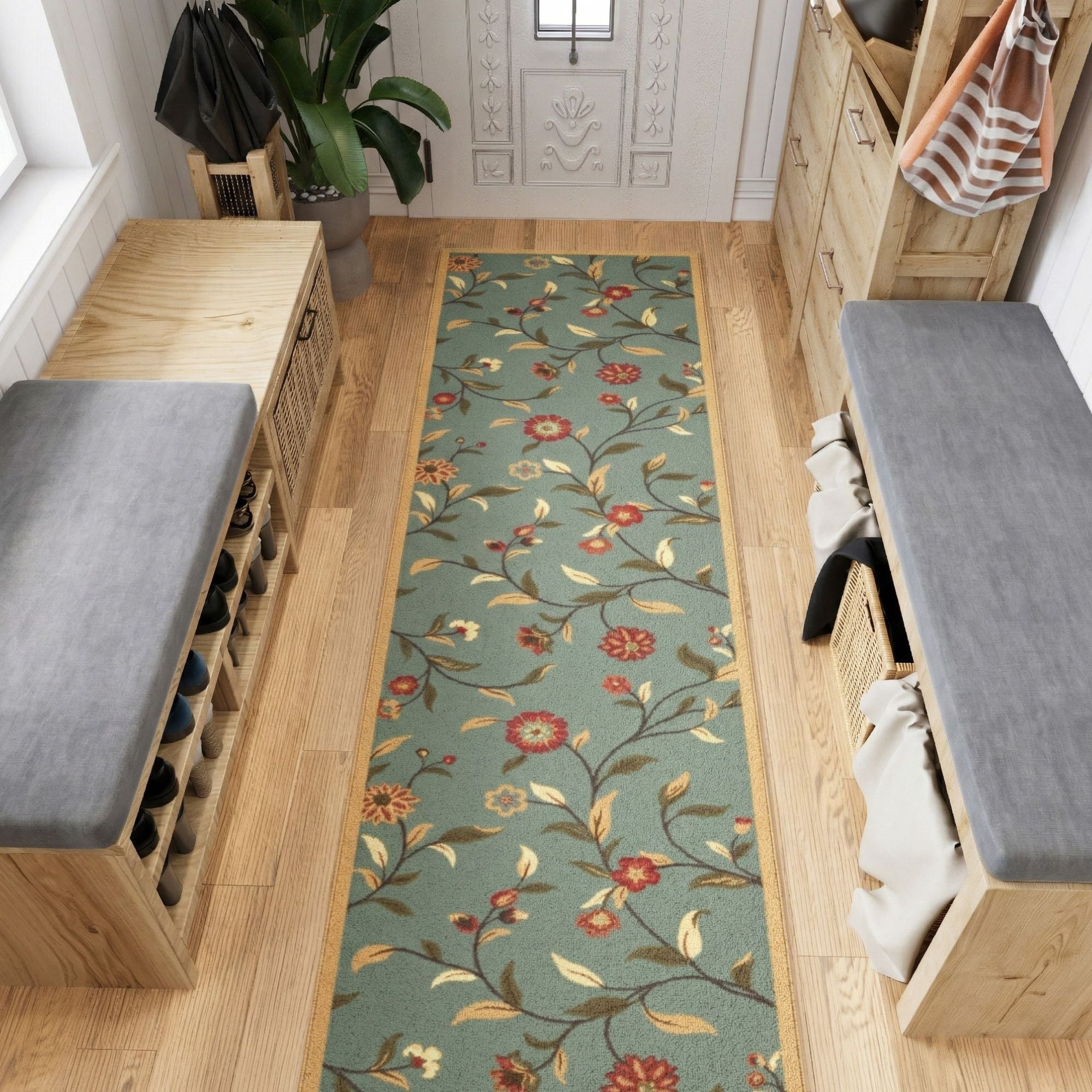 Ottomanson Extra Long Runner Rug 2'7" x 13' – Non-Slip Low Pile Hallway Carpet, Floral Seafoam Green