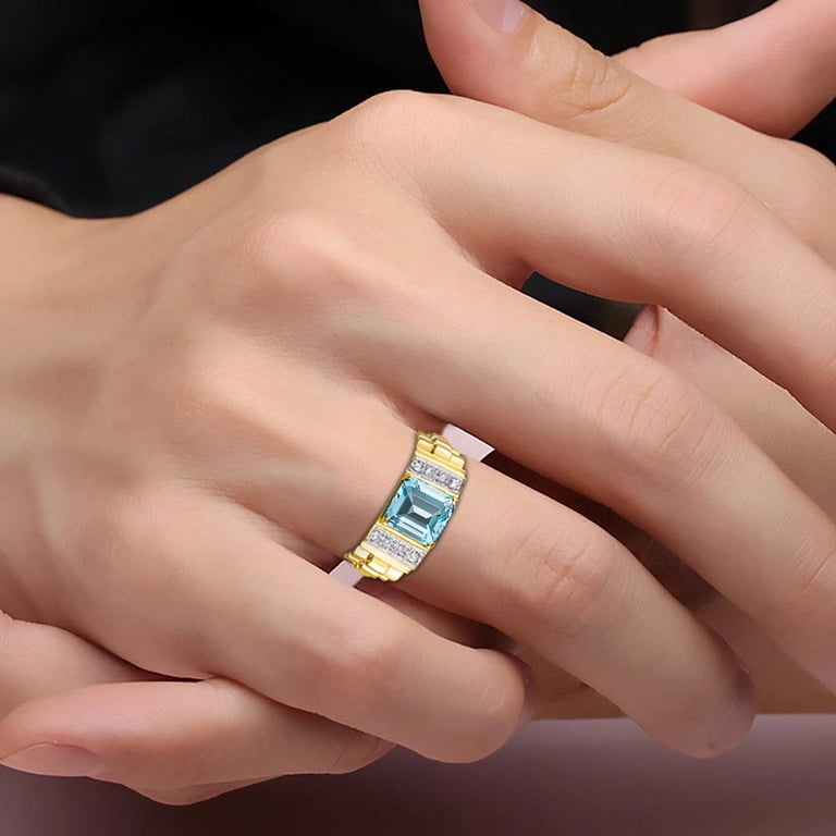 RYLOS Men's 14K White Gold Emerald Cut Birthstone Ring With Diamonds - Sizes 8 To 13
