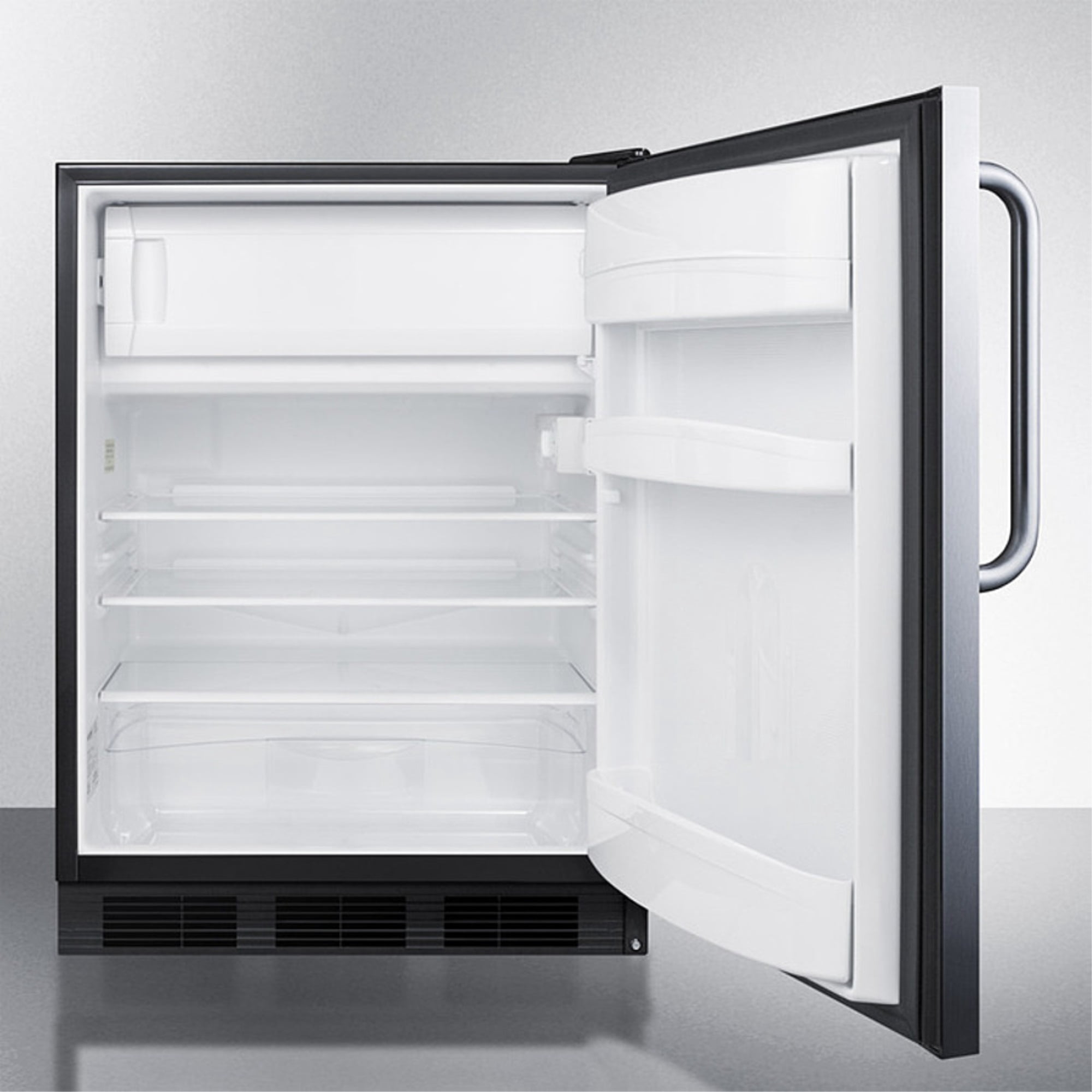 Built-in undercounter ADA compliant refrigerator-freezer for general purpose use, w/dual evaporator cooling, cycle defrost, SS door, TB handle, black cabinet