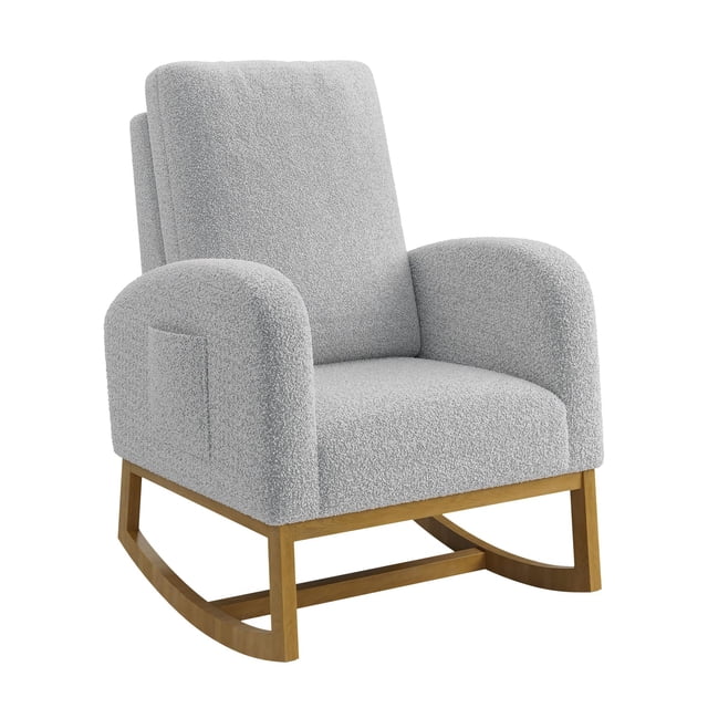 Towallmark Teddy Nursery Rocking Chair, Upholstered High Back Glider Rocker with Side Pocket, Rubberwood Base for Smooth Motion, Easy Assembly, Perfect for Nursery, Bedroom & Living Room,Light Gray