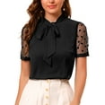 thumbnail image 2 of INSPIRE CHIC Women's Bow Tie Neck V Neck Stand Collar Short Mesh Sleeve Blouse XS Black, 2 of 6