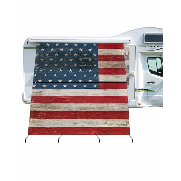 4th of July RV Awning Sun Shade Screen 9'X7' American Flag Mesh Sunscreen Patriotic Stars Red White and Blue Awning Shade Screen with Zipper UV Blocker Completed Kits for RV Motorhome Camper
