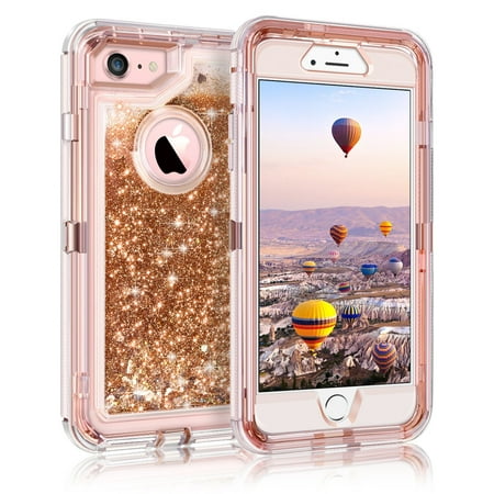 Apple IPhone 8 / IPhone 7 Tough Defender Sparkling Liquid Glitter Heart Case With Transparent Holster Clip Rose