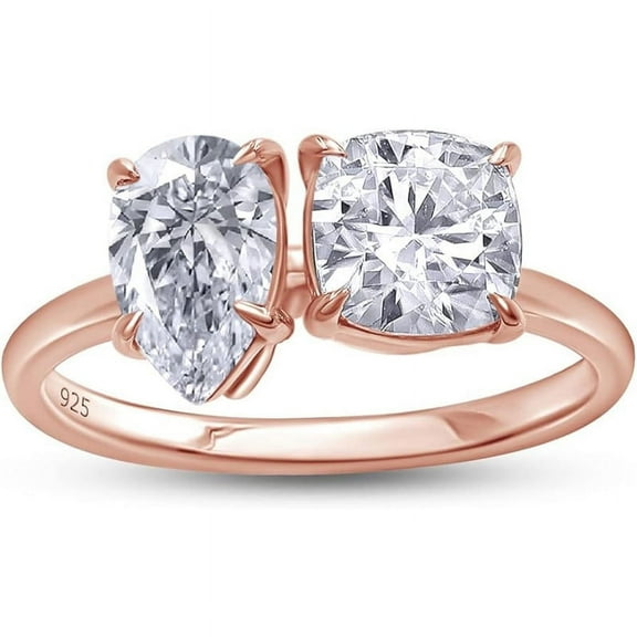 925 Sterling Silver 14K Rose Gold Plating Pear Shape & Cushion Cut White Diamond Toi Et Moi 2-Stone Wedding Engagement Ring For Women
