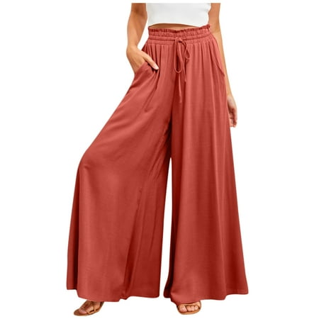 

EHTMSAK Pajama Pants for Women Palazzo High Waisted Comfy Drawstring Long Lounge Pant Trousers with Pocket Orange S