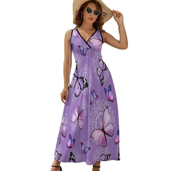 Purple Butterfly Dandelion Womens Night Club Maxi Dress V Neck Sleeveless Bohemia Long Dresses