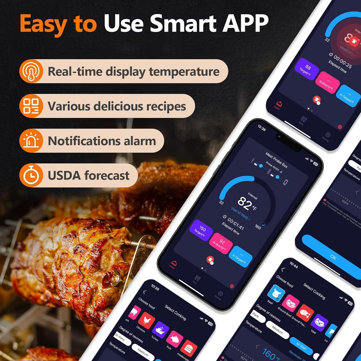 Wireless Meat Thermometer with LCD Display & Phone Alerts,  Heatproof Handle for BBQ,  Grilling
