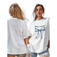 thumbnail image 6 of Women's T-Shirt Blue Bow Nothing Is Impossible Short Sleeve Casual Tee Classic Crew Neck T Shirt for Women White, L, 6 of 7