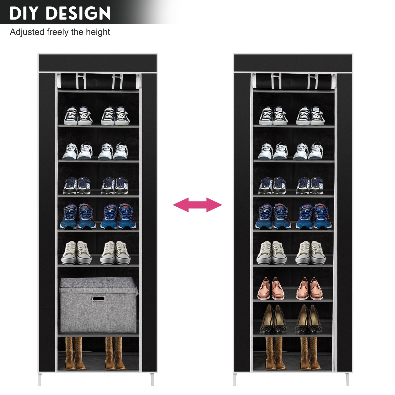 10 Tiers Shoe Rack Non-woven Fabric Cover Room-saving Closet Shoe Storage Shelf Black