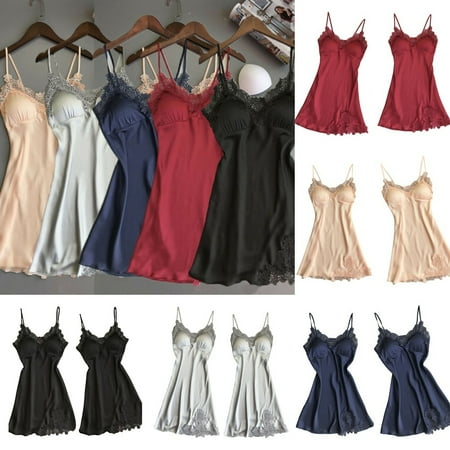 Women V-neck Silk Lace Lingerie Pajama Night Dress Nighties Nightgown