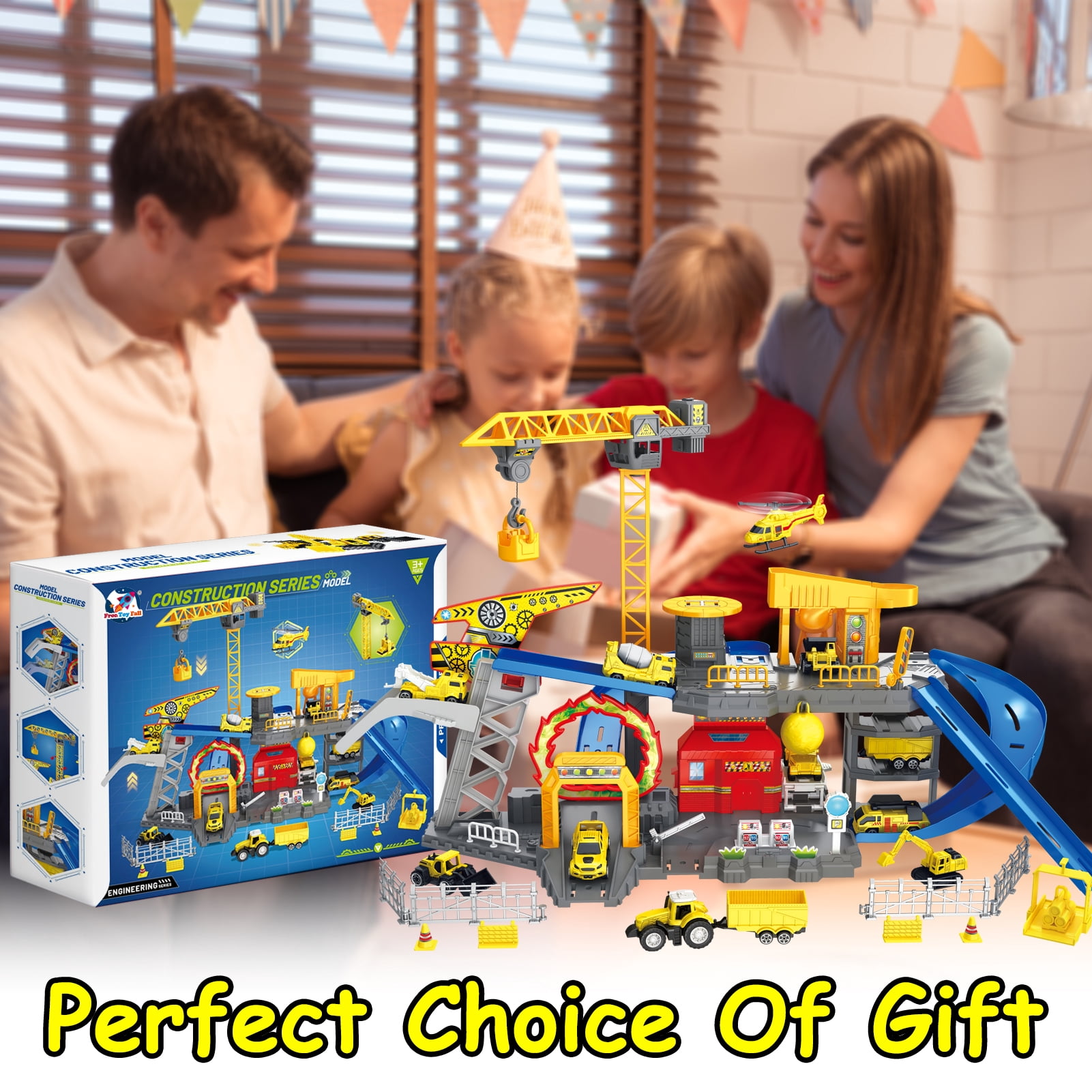 Frontoytall Construction Vehicles Track Set with Excavator, Dump Truck, Cement Truck, Wheel Loader & Rotating Crane, Interactive STEM Building Toy for Kids Ages 3-12