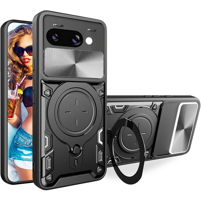 KOMI for Google Pixel 9a 6.3" Armor Case with Magnetic Ring Kickstand, Rugged Military Grade Shockproof Case with Slide Camera Lens Cover for Google Pixel 9a Black