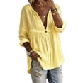thumbnail image 2 of Women's Henley V Neck Linen Blouse Boho Solid Long Sleeve Loose Tunic Tops Casual Comfy Shirt for Summer Vacation Yellow M, 2 of 3