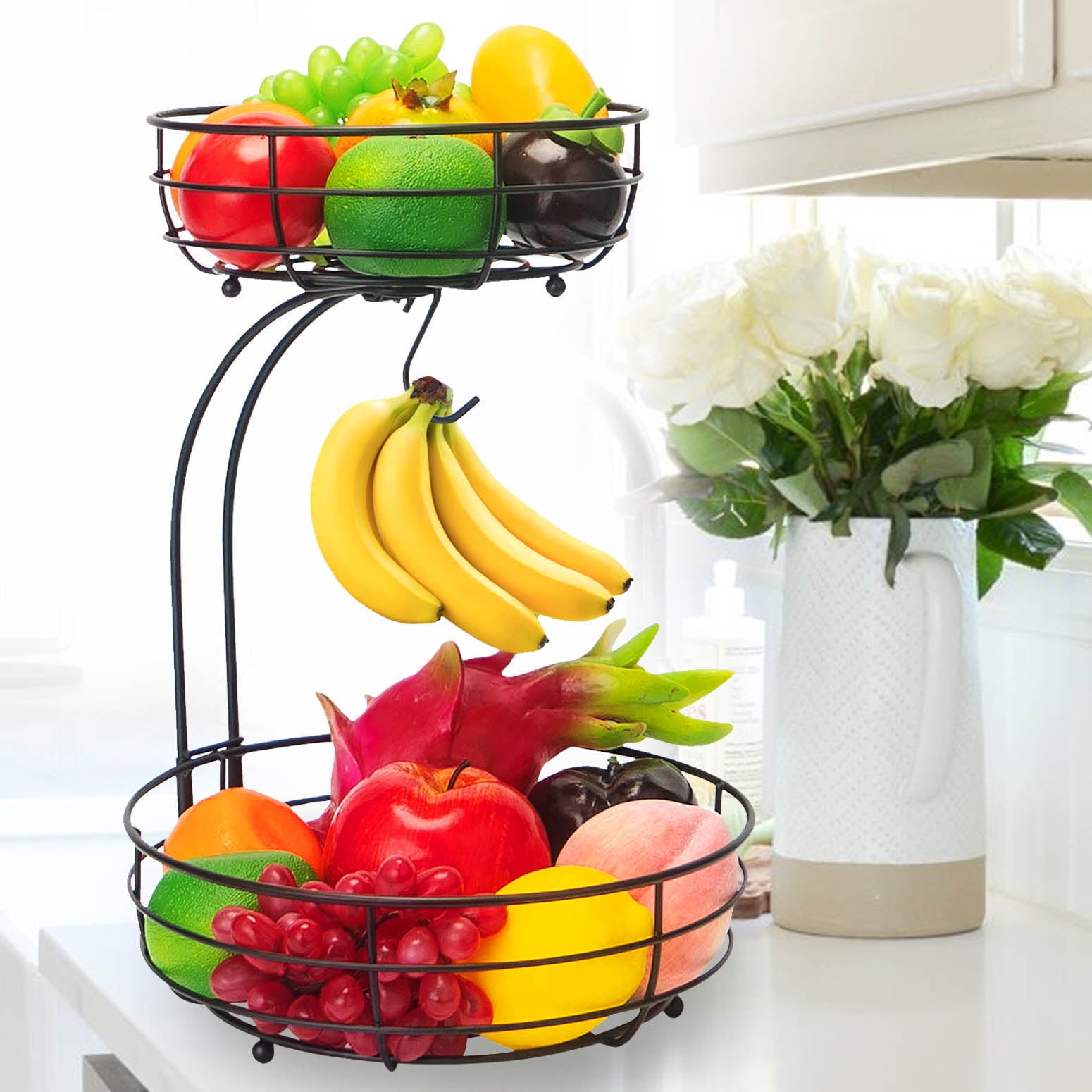 LAMEIDA Fruit Bowl Drain Basket Wired Vegetables Rack with Banana Hook Cupboard Organiser for Kitchen Counter White 