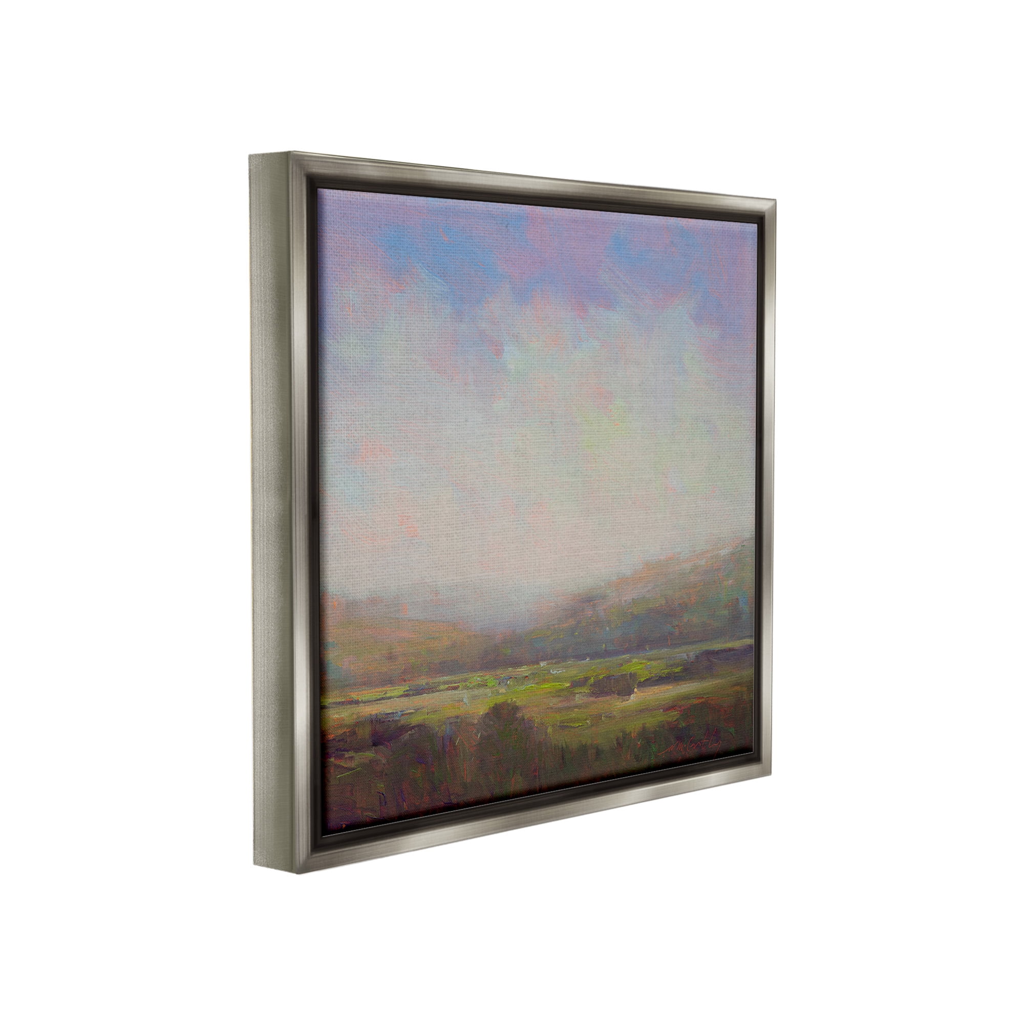 Stupell Industries Country Field & Purple Sky Landscape Painting Gray Floater Framed Canvas Art Print Wall Art, 18 x 18