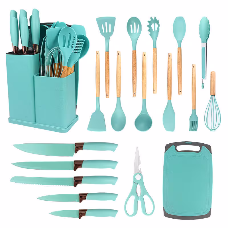 BRIGHT GREEN, variant on 19 Piece Kitchen Utensils Set, Knife and Kitchen Utensils Set, Silicone Spatula Set with Wooden Handle