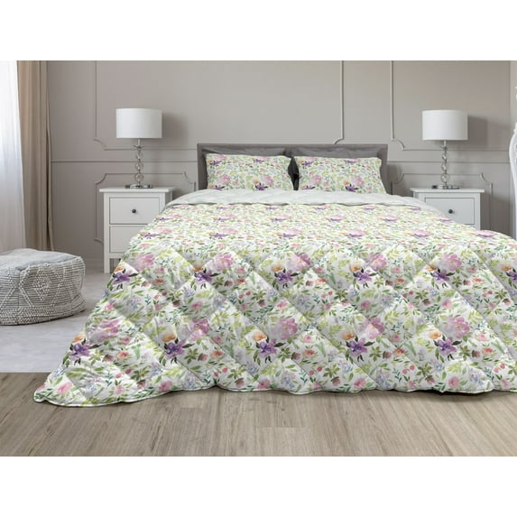 Watercolor Comforter & Sham Bedding Set, Various Flowers Flourishing Spring Meadow Gentle Blooms Feminine Design Romantic, 3 pcs Duvet Set Microfiber Filling Quilt, 5 Sizes, Multicolor, by Ambesonne