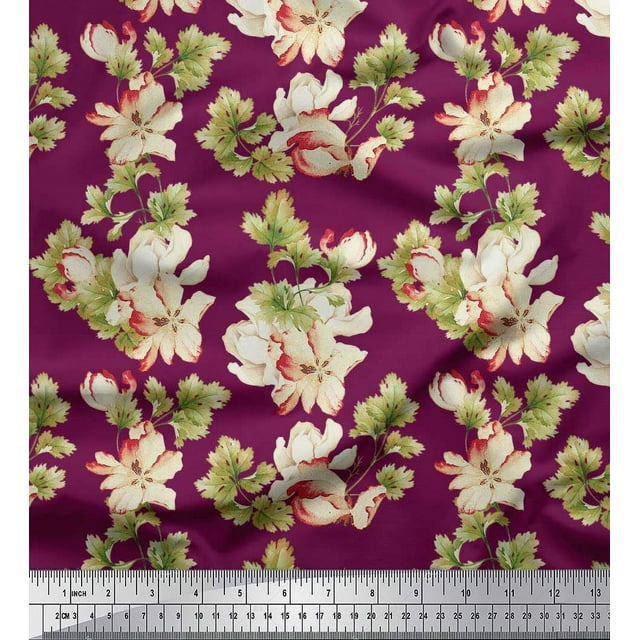 Soimoi Rayon Fabric Leaves & Magnolia Floral Decor Fabric Printed Yard 42 Inch Wide