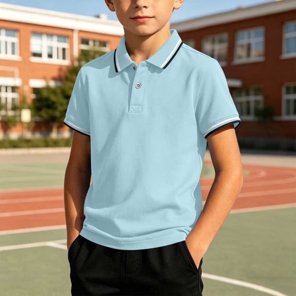 CQONEPT Boys Henley Short Sleeve Shirt Summer Cotton Collared T Shirt Toddler Casual School Uniform Dress Shirts Light Blue M
