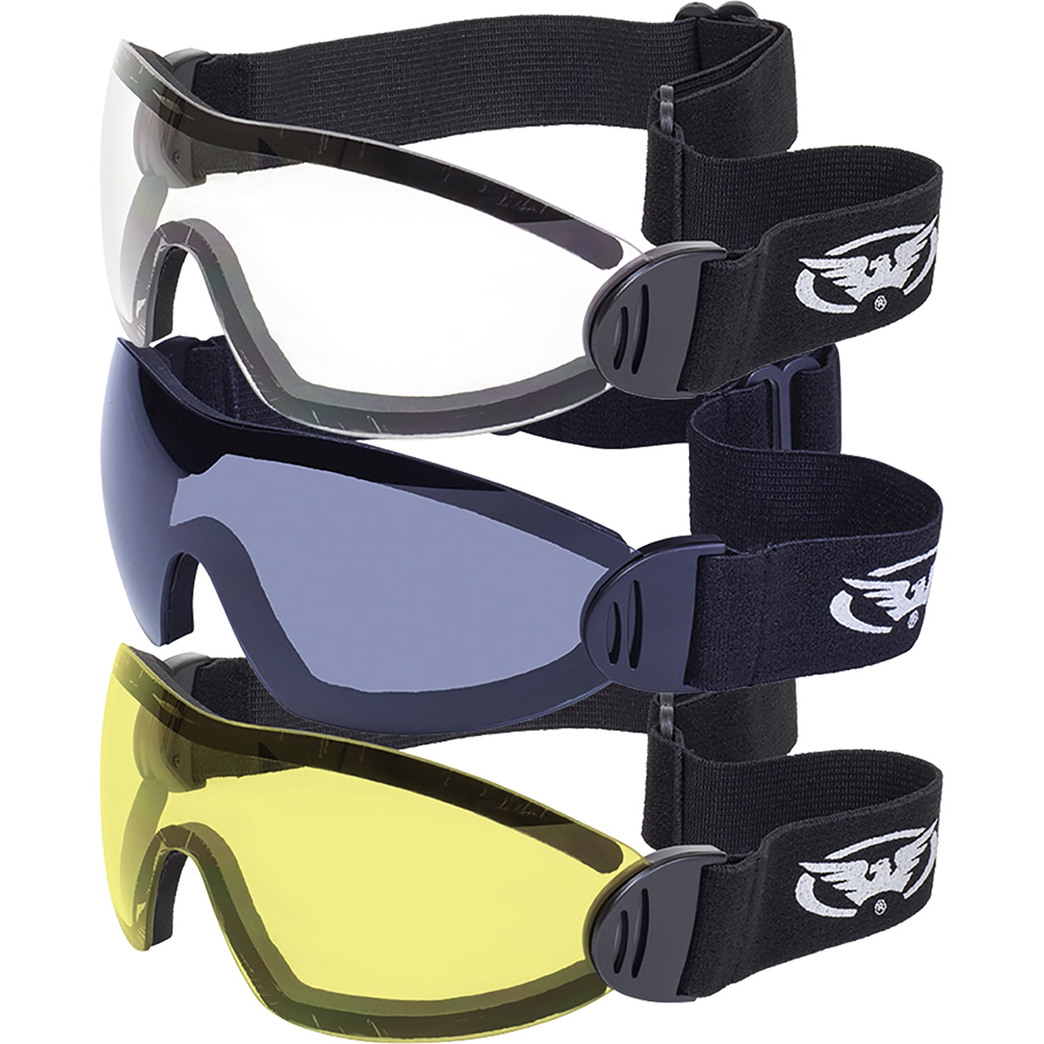 3 Motorcycle Goggles Clear Smoke Yellow ANTIFOG Lenses Flare Skydive