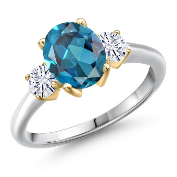 Gem Stone King 10K Two Tone Gold London Blue Topaz and White Moissanite Engagement Ring for Women | 2.71 Cttw | Oval 9X7MM | Gemstone November Birthstone | Size 9