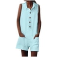 thumbnail image 1 of AherBiu Cotton Linen Jumpsuits for Women Half Button Lapel V Neck Wide Leg Rompers with Pockets 1 Piece Outfits, 1 of 7