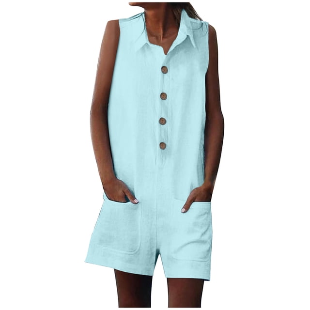 AherBiu Cotton Linen Jumpsuits for Women Half Button Lapel V Neck Wide Leg Rompers with Pockets 1 Piece Outfits