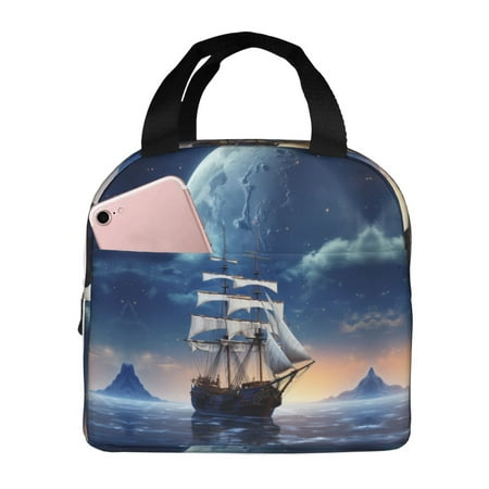 Insulated Lunch Bag for Women Men - Moonlit Night Sea Sailboat Leakproof Cooler Lunch Box for Women Men  Lunch Tote Bags for Work School Picnic Travel